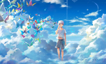 Картинка аниме tokyo+ghoul ruoyuwang ringo арт парень kaneki ken токийский гуль небо облака tokyo ghoul бабочки