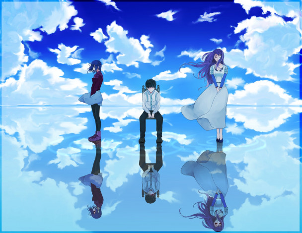 Обои картинки фото аниме, tokyo ghoul, tokyo, ghoul, токийский, гуль, девушки, арт, парень, облака, небо, отражение, вода, kamishiro, rize, kirishima, touka, merujine, kaneki, ken