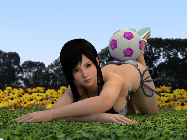 Обои картинки фото 3д графика, аниме , anime, трава, мяч, взгляд, девушка