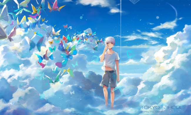 Обои картинки фото аниме, tokyo ghoul, ruoyuwang, ringo, арт, парень, kaneki, ken, токийский, гуль, небо, облака, tokyo, ghoul, бабочки