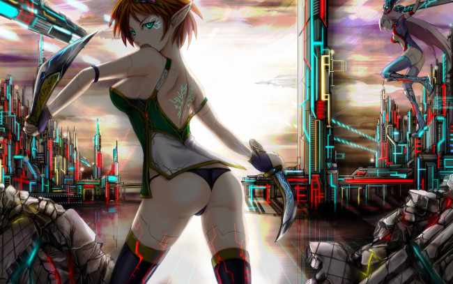 Обои картинки фото аниме, -weapon,  blood & technology, оружие, воин, нож, здания, технологии, киборг, город, эльф, девушки