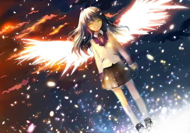 Обои картинки фото аниме, angel beats, tachibana, kanade, небо, крылья, мерцание, облака, искры, ангел, девушка