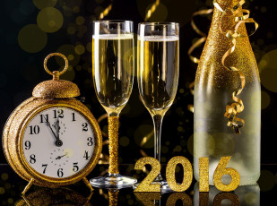 обоя праздничные, - разное , новый год, часы, бокалы, бутылка, шампанское, golden, new, year, happy, 2016, новый, год, champagne
