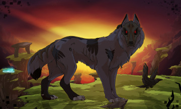 Картинка рисованное животные +волки волк ворона природа