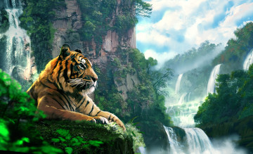 обоя рисованное, животные,  тигры, пейзаж, тигр