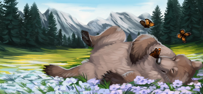 Обои картинки фото рисованное, животные,  медведи, цветы, поляна, медведь, лес, бабочки, горы