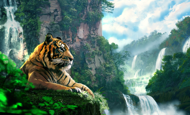 Обои картинки фото рисованное, животные,  тигры, пейзаж, тигр