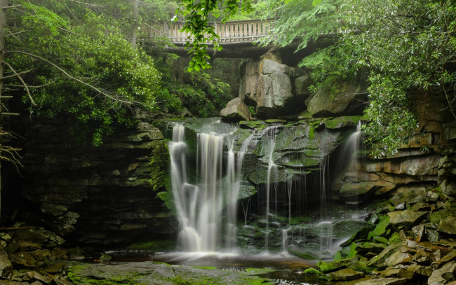 Обои картинки фото природа, водопады, пейзаж, деревья, мост, скалы, водопад