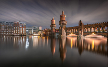 Картинка города берлин+ германия река мост вечер огни