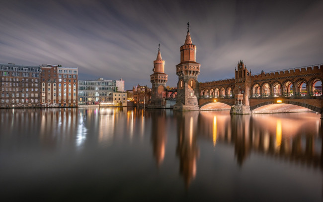 Обои картинки фото города, берлин , германия, река, мост, вечер, огни