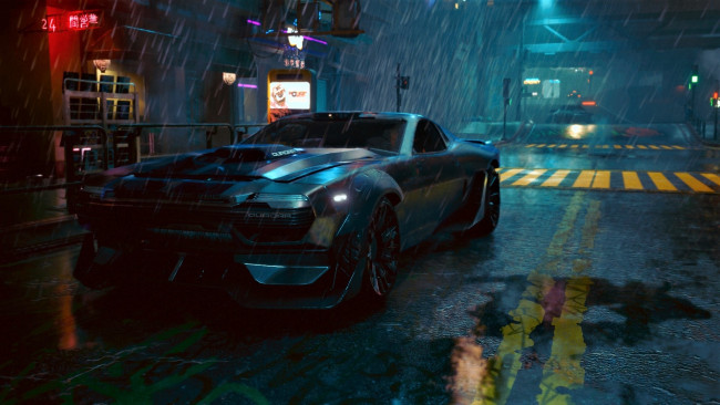 Обои картинки фото видео игры, cyberpunk 2077, машина, дождь, улица, город