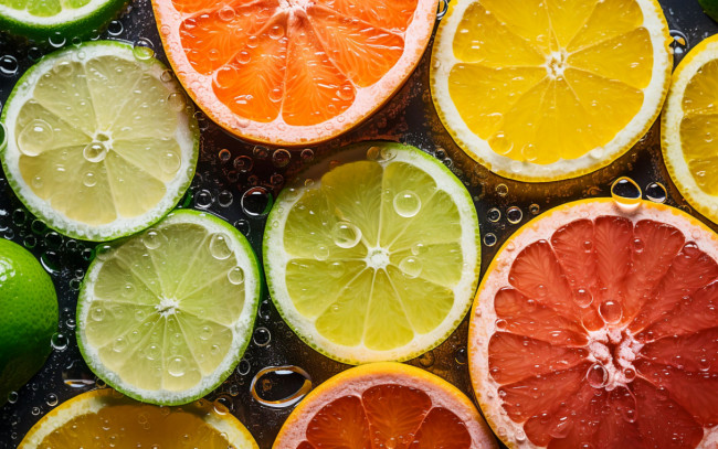 Обои картинки фото еда, цитрусы, апельсин, лайм, лимон, вода, капли