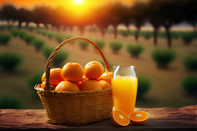 Обои картинки фото еда, цитрусы, корзинка, апельсины, стакан, сок