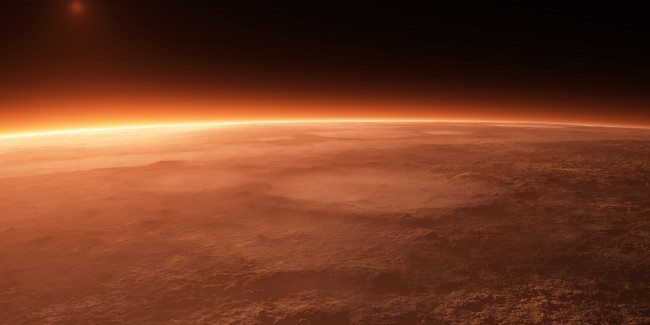 Обои картинки фото космос, марс, поверхность, атмосфера, восход, горизонт, пыль, кратеры