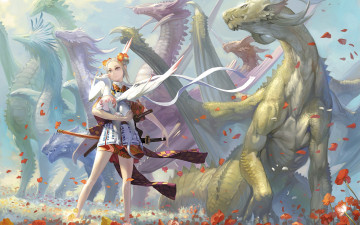 Картинка аниме animals девушка драконы