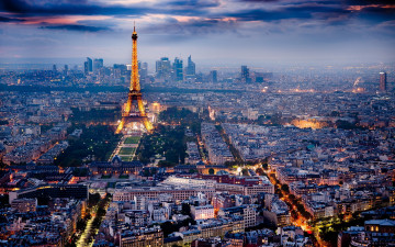 обоя paris, города, париж, франция, башня, панорама, вечер, огни, кварталы