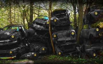 Картинка разное развалины руины металлолом машины лес