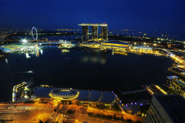 Обои картинки фото города, сингапур, ночь, огни, залив