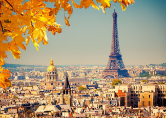 обоя paris, france, города, париж, франция, листья, панорама, эйфелева, башня, eiffel, tower