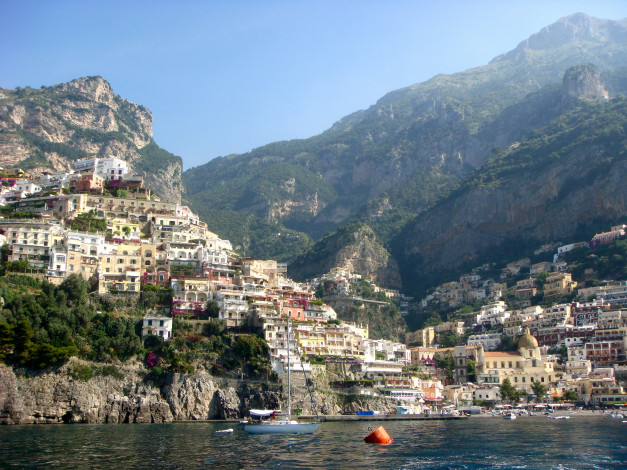 Обои картинки фото positano, италия, города, амальфийское, лигурийское, побережье, дома, море, горы