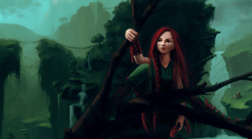Картинка фэнтези девушки девушка горы ущелье замок дерево