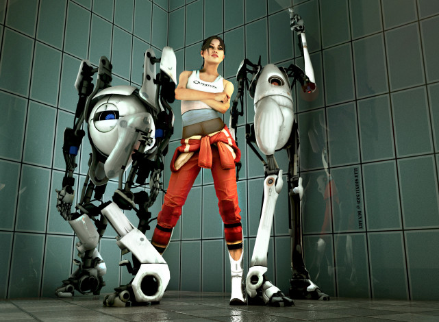 Обои картинки фото видео игры, portal, пи-боди, роботы, девушка, chell, атлас