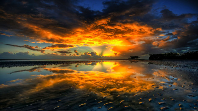 Обои картинки фото природа, восходы, закаты, отражение, небо, облака, закат, море
