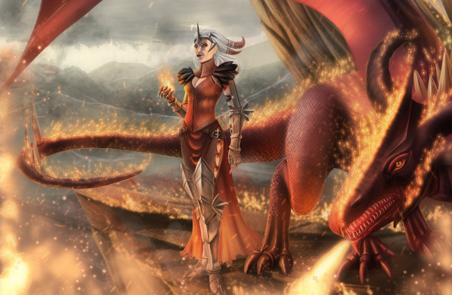 Обои картинки фото видео игры, dragon age, flemeth, дракон, огонь, магия, ведьма, женщина, флемет, dragon, age, арт