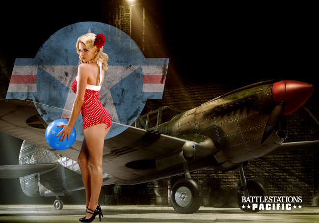 Обои картинки фото видео игры, battlestations,  pacific, woman, airplane, lingerie, red, pin-up, blonde