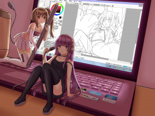 Картинка аниме оружие +техника +технологии экран арт nine wangwang рисунок монитор девочки фотошоп