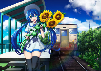 Картинка аниме vocaloid арт поезд подсолнухи defiaz infinity hatsune miku цветы девушка