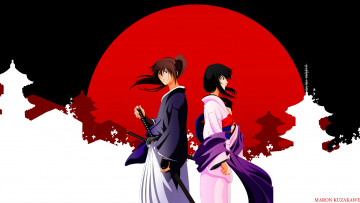 Картинка аниме rurouni+kenshin art maron kuzakawe samurai x rurouni kenshin tomoe yukishiro мечник катана кимоно солнце двое