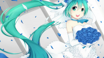 Картинка аниме vocaloid лепестки цветы волосы фон взгляд девушка свадебное платье букет hatsune miku