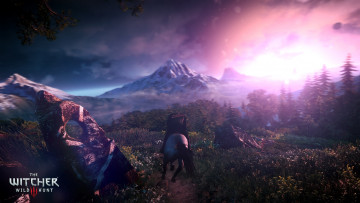 Картинка видео+игры the+witcher+3 +wild+hunt лошадь горы закат