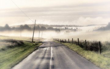 Картинка природа дороги забор пейзаж туман деревья дорога