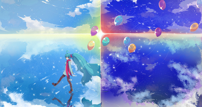 Обои картинки фото аниме, vocaloid, hatsune, miku, арт, девушка, озеро, шарики, отражение, небо