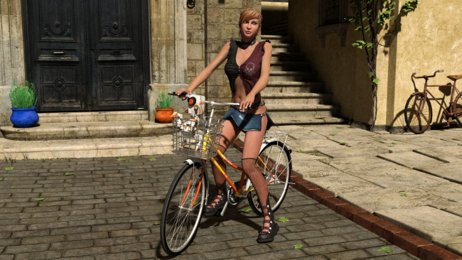 Обои картинки фото 3д графика, люди , people, велосипед, фон, взгляд, девушка