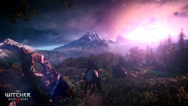 Обои картинки фото видео игры, the witcher 3,  wild hunt, лошадь, горы, закат