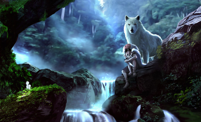 Обои картинки фото аниме, mononoke hime, princess, mononoke, девушка, лес, волк, камни, art