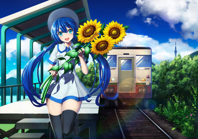 Обои картинки фото аниме, vocaloid, арт, поезд, подсолнухи, defiaz, infinity, hatsune, miku, цветы, девушка