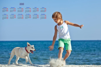 Картинка календари дети мальчик море собака песок
