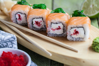 Картинка еда рыба +морепродукты +суши +роллы роллы лосось рис имбирь водоросли палочки