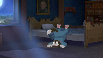обоя мультфильмы, иван царевич и серый волк 3, комната, кот, кровать, картина