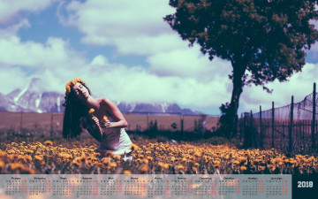 Картинка календари девушки одуванчик венок растения природа