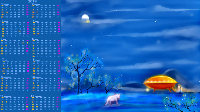 Обои картинки фото календари, рисованные,  векторная графика, нло, дерево, животное