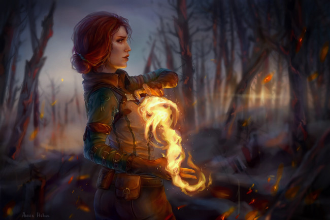 Обои картинки фото видео игры, the witcher 3,  wild hunt, лес, огонь, ведьма