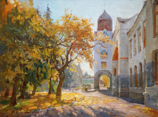 Картинка рисованное живопись здание арка деревья осень