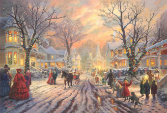 Картинка thomas kinkade рисованные лошадь рождество зима дома люди иллюминация деревья дети сани