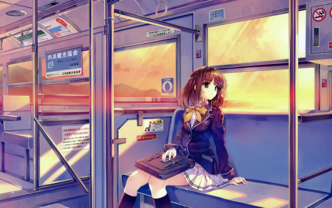 Обои картинки фото аниме, kurehito, misaki, mangaka, девушка, вагон