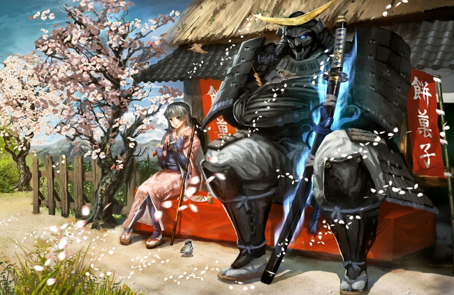 Обои картинки фото аниме, weapon, blood, technology, девочка, сакура, самурай